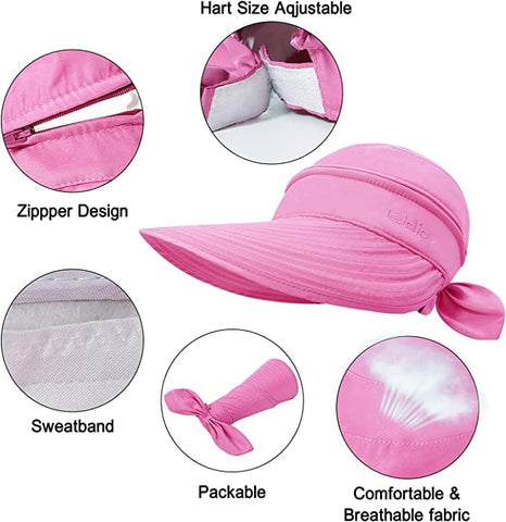 Dark Pink Wide Large Brim Sun Hat Summer UV Protection for beach Thin Hat 2 in 1 Beach Sun Hat