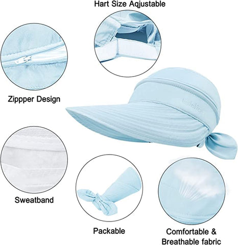 Light Blue Large Brim Sun Hat Summer UV Protection for beach Thin Hat 2 in 1 Beach Sun Hat