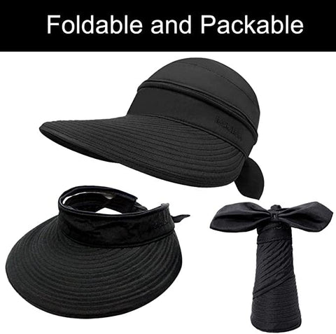 Black Wide Large Brim Sun Hat Summer UV Protection for beach Thin Hat 2 in 1 Beach Sun Hat