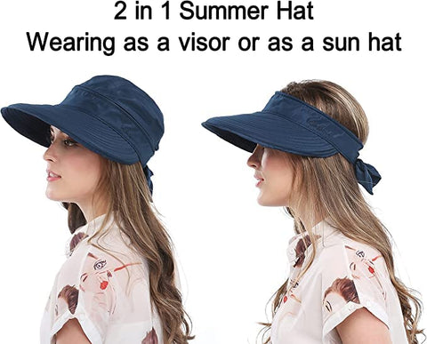 Dark Blue  Wide Large Brim Sun Hat Summer UV Protection for beach Thin Hat 2 in 1 Beach Sun Hat