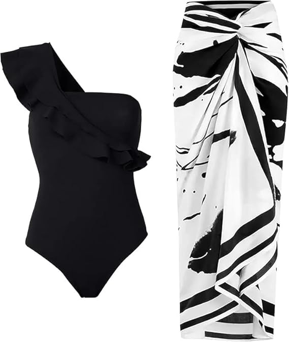 Black One shouder Swimwear wtih Sarong