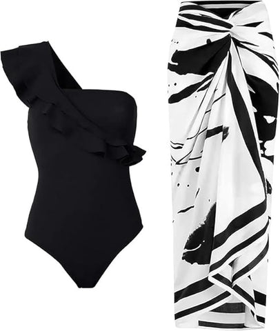 Black One shouder Swimwear wtih Sarong
