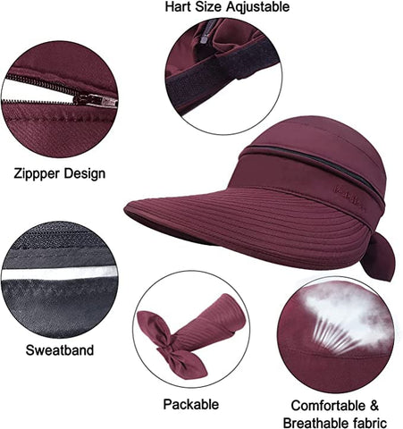 Maroon  Wide Large Brim Sun Hat Summer UV Protection for beach Thin Hat 2 in 1 Beach Sun Hat
