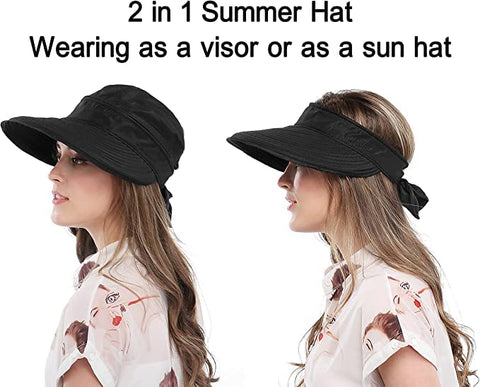 Black Wide Large Brim Sun Hat Summer UV Protection for beach Thin Hat 2 in 1 Beach Sun Hat