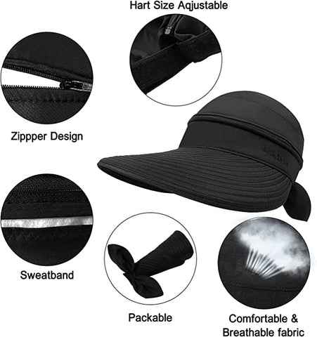 Black Wide Large Brim Sun Hat Summer UV Protection for beach Thin Hat 2 in 1 Beach Sun Hat
