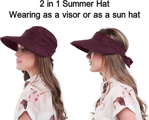 Maroon  Wide Large Brim Sun Hat Summer UV Protection for beach Thin Hat 2 in 1 Beach Sun Hat