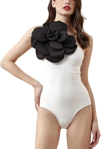 Black Flower White Swimear with Black Sarong
