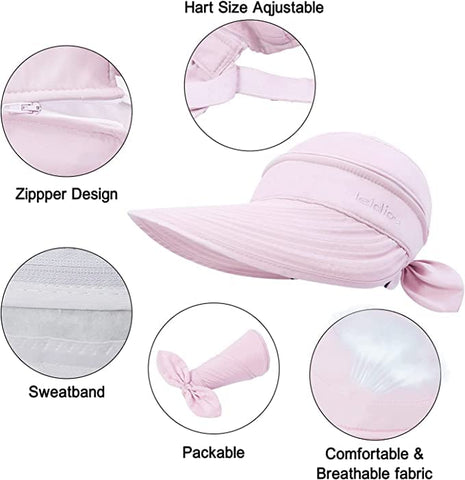 Light Pink Large Brim Sun Hat Summer UV Protection for beach Thin Hat 2 in 1 Beach Sun Hat