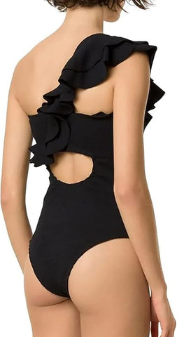 Black One shouder Swimwear wtih Sarong