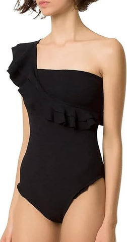 Black One shouder Swimwear wtih Sarong