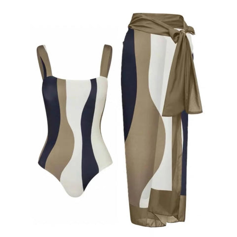 Stripe Beige Swimwear with Sarong