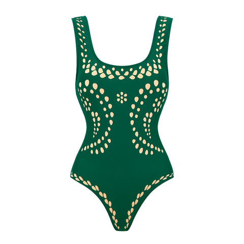 Beachdiva - Green Laser Cut Swimsuit with Sarong Skirt