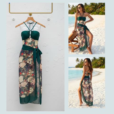Green Flower Swimwear with Sarong