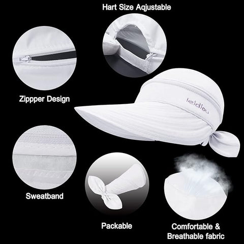 White Large Brim Sun Hat Summer UV Protection for beach Thin Hat 2 in 1 Beach Sun Hat