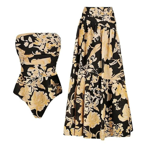 Beachdiva -black and gold swimwear with elegant Skirt