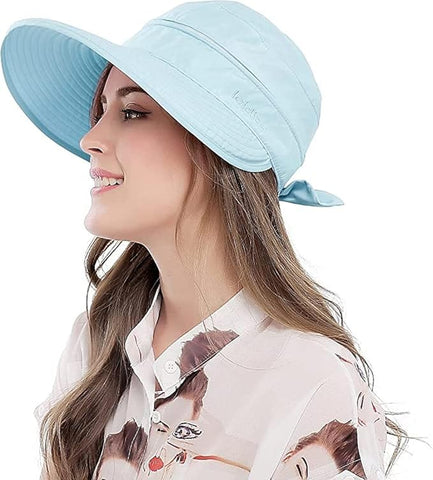 Light Blue Large Brim Sun Hat Summer UV Protection for beach Thin Hat 2 in 1 Beach Sun Hat