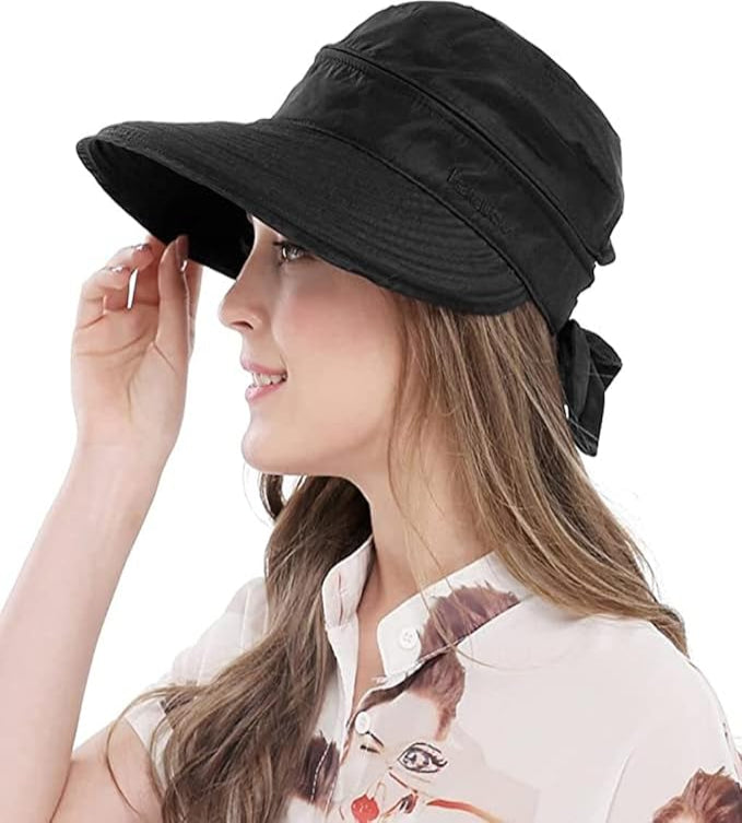 Black Wide Large Brim Sun Hat Summer UV Protection for beach Thin Hat 2 in 1 Beach Sun Hat