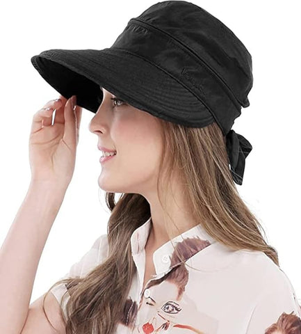 Black Wide Large Brim Sun Hat Summer UV Protection for beach Thin Hat 2 in 1 Beach Sun Hat