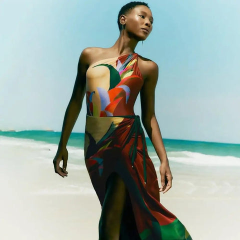 Orange Abstract Swimwear with Sarong