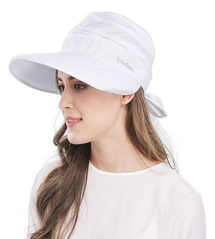 White Large Brim Sun Hat Summer UV Protection for beach Thin Hat 2 in 1 Beach Sun Hat