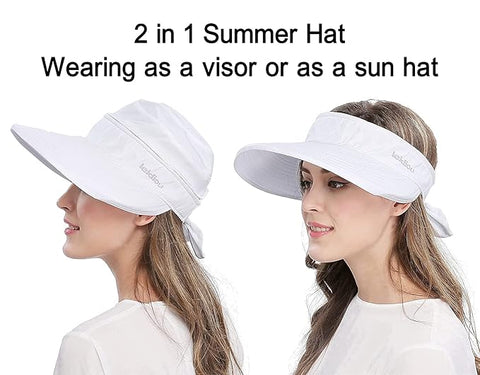White Large Brim Sun Hat Summer UV Protection for beach Thin Hat 2 in 1 Beach Sun Hat