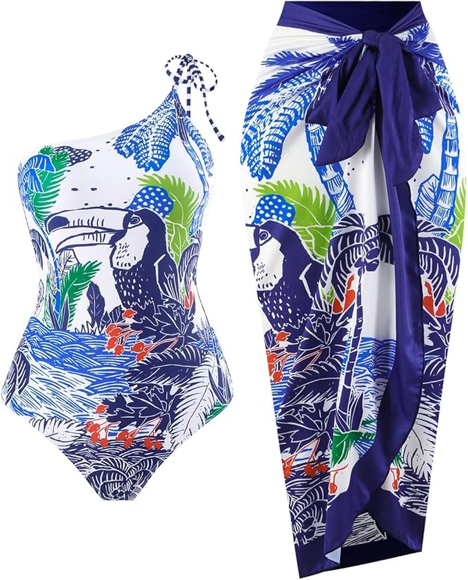 Parrot One Shoulder Monokini With Sarong