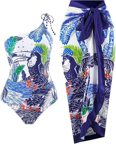 Parrot One Shoulder Monokini With Sarong