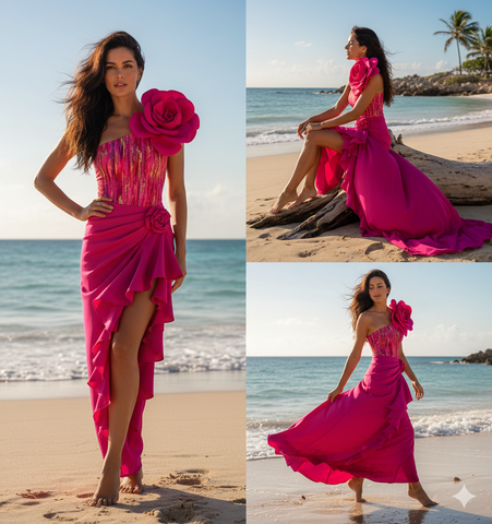 Beachdiva - Pink Flower Swimwear with pink Skirt