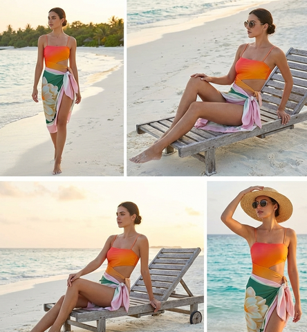 Orange cut out out Swimear with Sarong