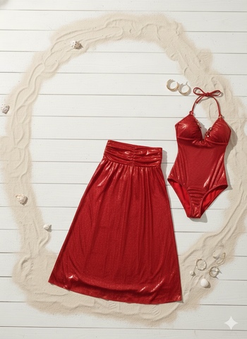 Red Shimmer Swimwear with Skirt