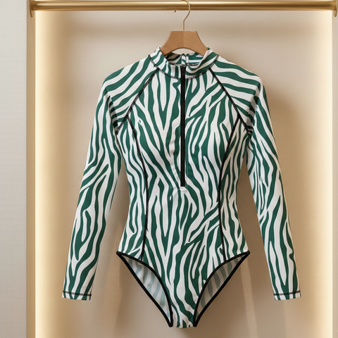 Stripe  Swimsuit With Front ZIP