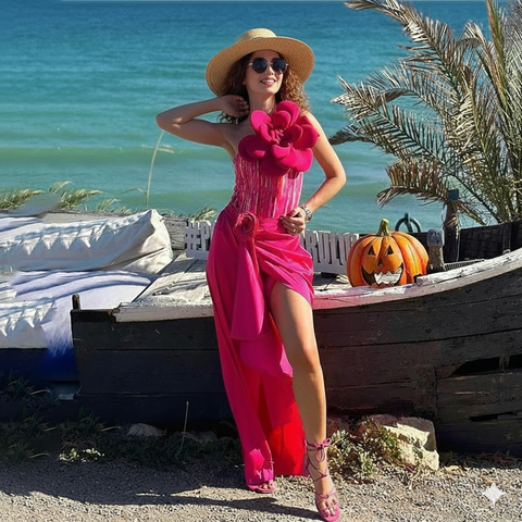 Beachdiva - Pink Flower Swimwear with pink Skirt