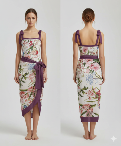 Purple Flower Print Swimwear with Sarong