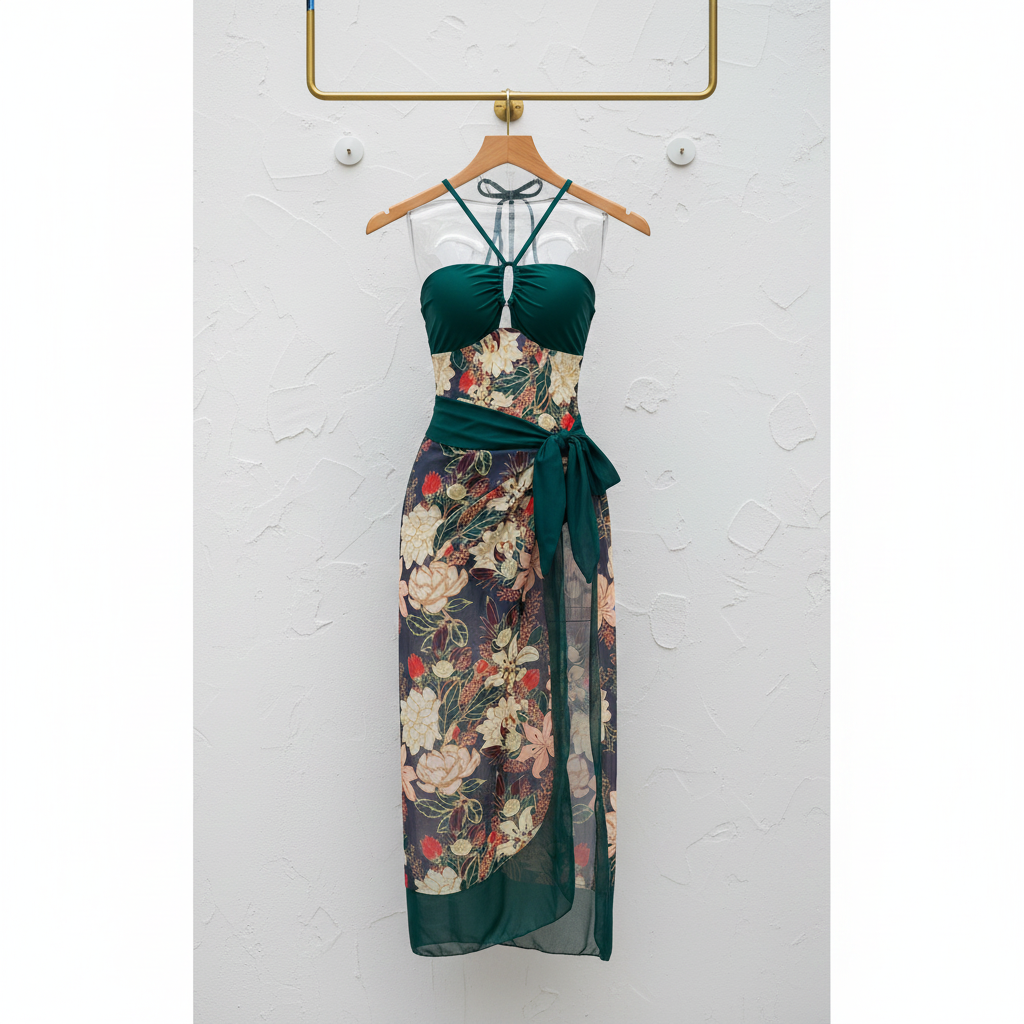 Green Flower Swimwear with Sarong