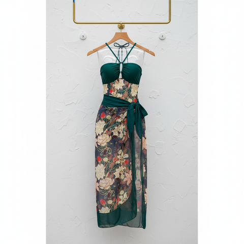 Green Flower Swimwear with Sarong