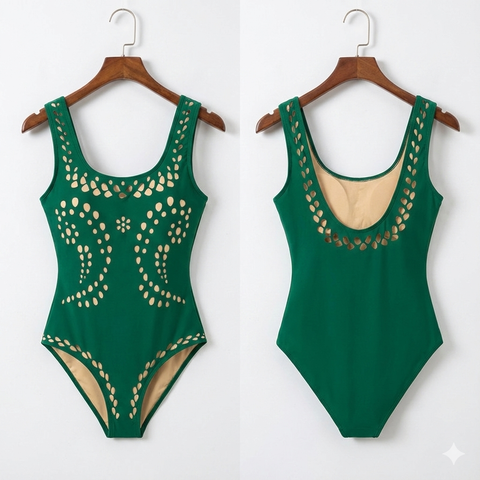 Beachdiva - Green Laser Cut Swimsuit with Sarong Skirt