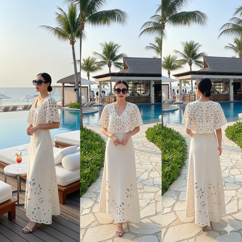 Beachdiva's White Laser Cut Swimwear with Sarong Skirt