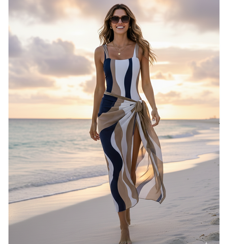 Stripe Beige Swimwear with Sarong