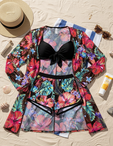 BLACK BIKINI WITH TROPICAL SHORTS AND SARONG