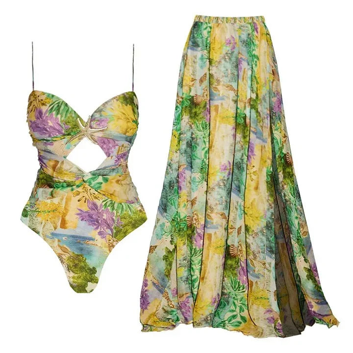 Beachdiva's  Premium_starfish_multicolour Swimwear with Sarong Skirt