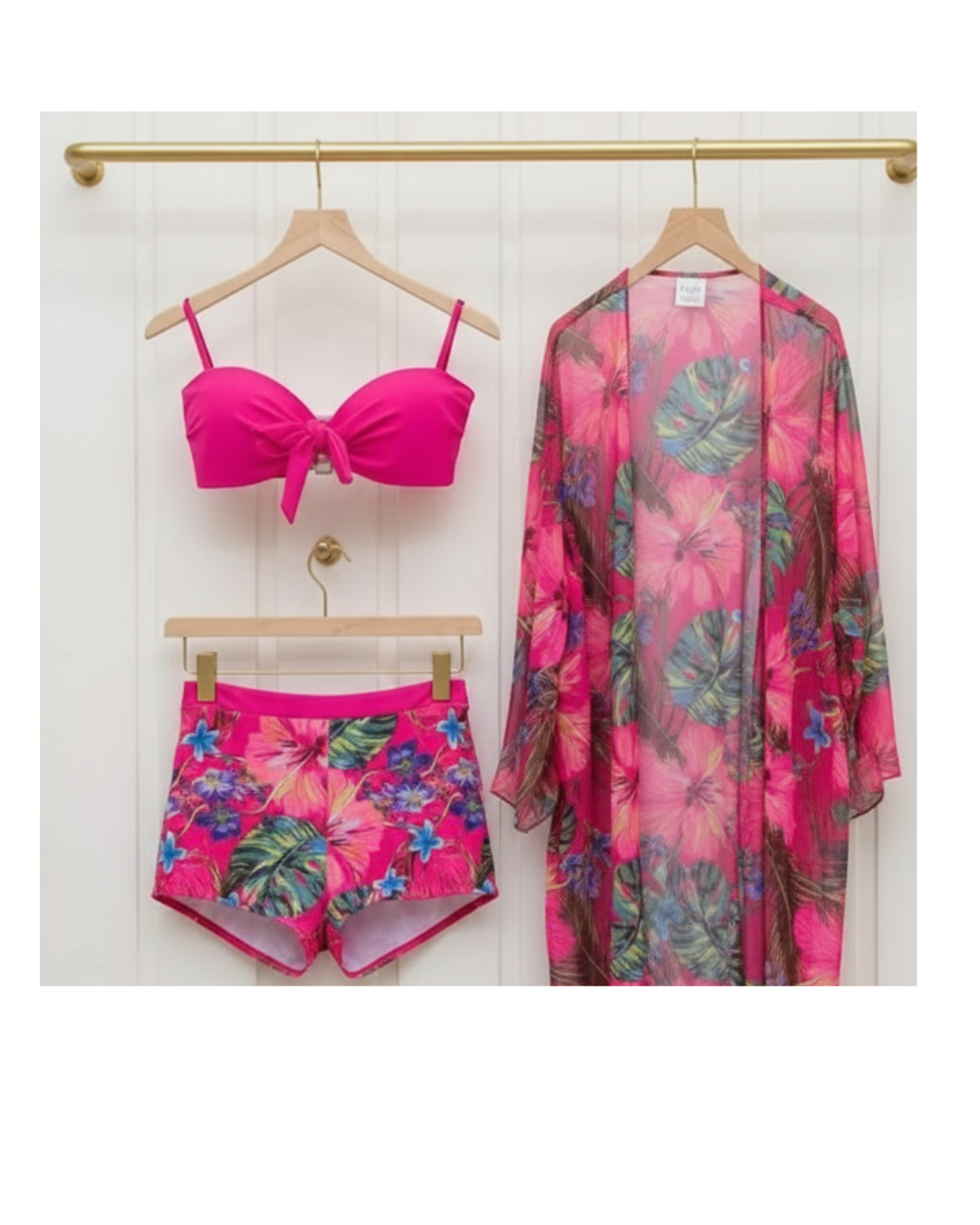 PINK BIKINI WITH TROPICAL SHORTS AND SARONG