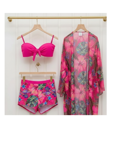 PINK BIKINI WITH TROPICAL SHORTS AND SARONG