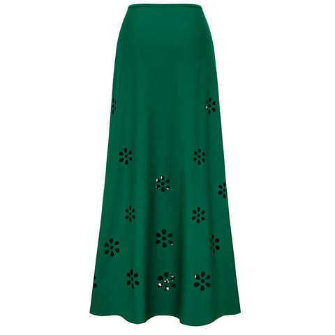 Beachdiva - Green Laser Cut Swimsuit with Sarong Skirt