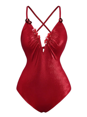 Red Shimmer Swimwear with Skirt