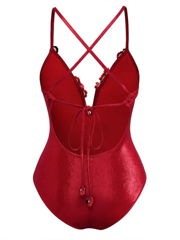 Red Shimmer Swimwear with Skirt