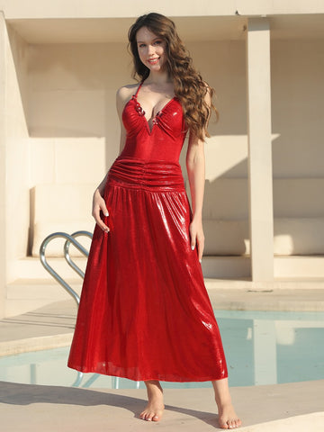 Red Shimmer Swimwear with Skirt