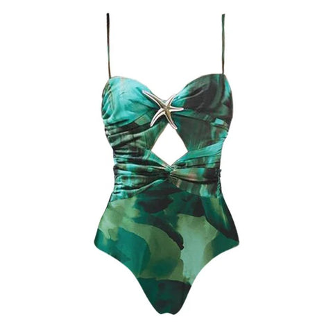 Beachdiva's  Premium_starfish_Green Swimwear with Sarong Skirt