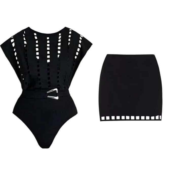 Black laser cut Shoulder covered Swimwear with Skirt