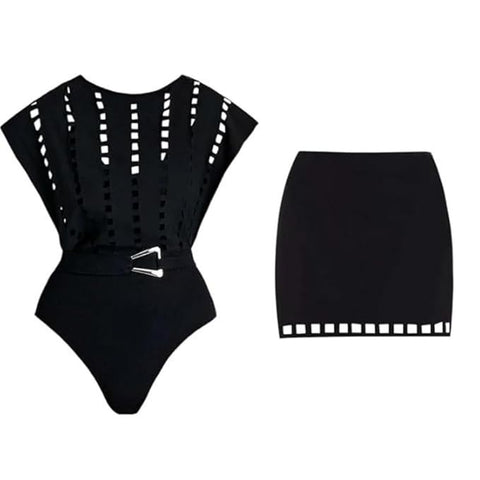 Black laser cut Shoulder covered Swimwear with Skirt