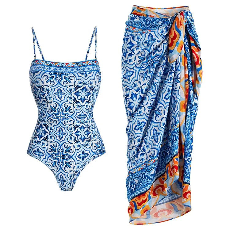 Beachdiva - Premium Blue and White Swimwear with Sarong